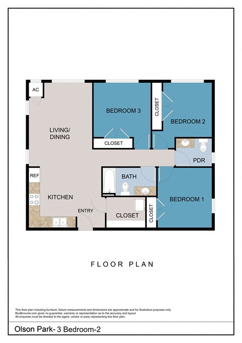 Floor plan for 3 beds, 1.5 baths, 1070 sqft